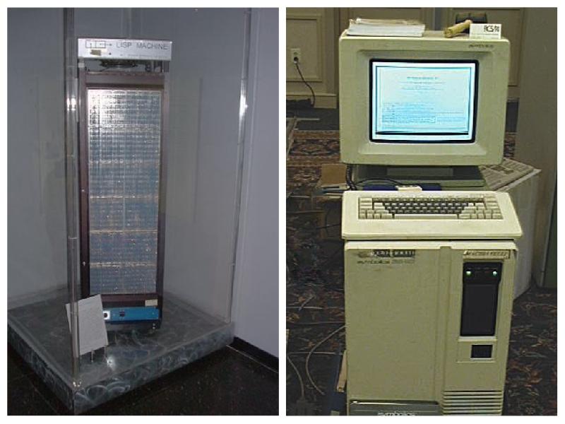Left: A LISP machine at the MIT Museum. Right: Symbolics 3640 lisp machine, photo by Michael L. Umbricht and Carl R. Friend (Retro-Computing Society of RI)