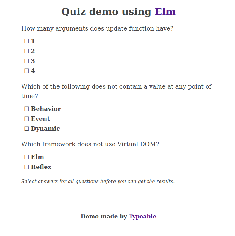 Demo quiz using Elm