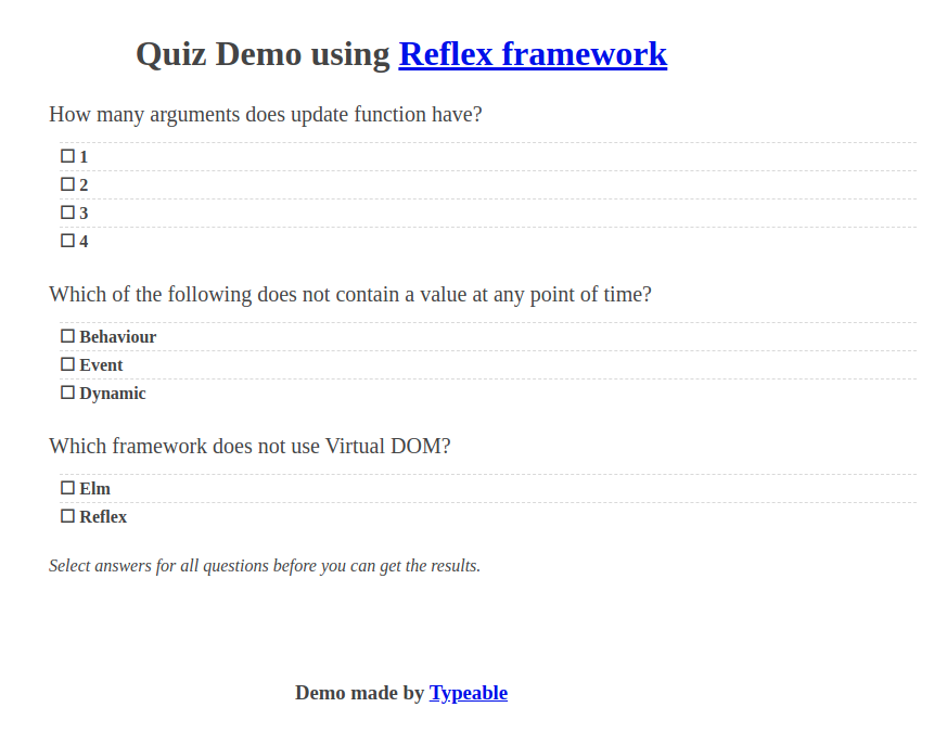 Demo quiz using Reflex